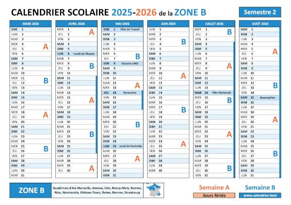 Calendrier scolaire fin d'année 2026 Normandie avril à juillet semaines A B