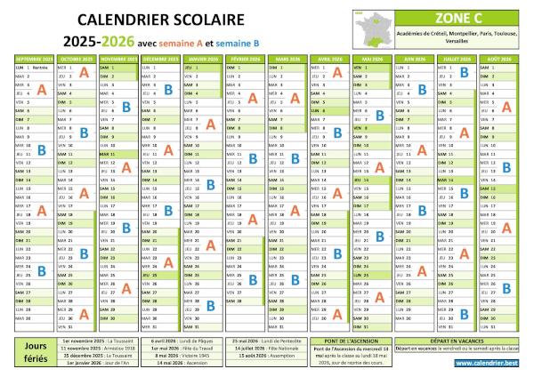 Calendrier scolaire 2025-2026 pour la zone C avec semaines A et B, vacances et jours fériés à télécharger et imprimer