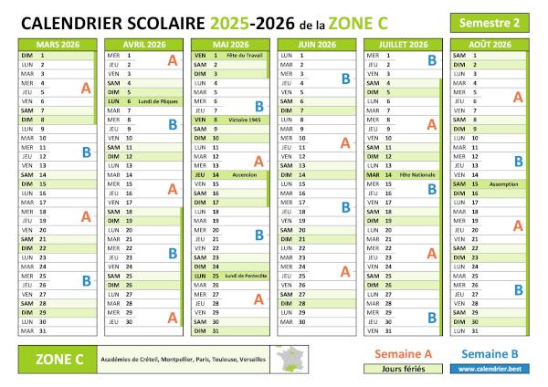 Calendrier scolaire fin d'année 2026 Paris avril à juillet semaines A B