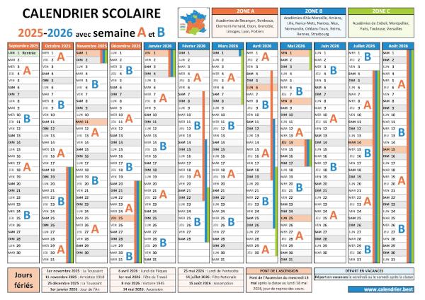 Calendrier scolaire 2025-2026 avec alternance des semaines A et B, vacances et jours fériés pour les zones A, B et C à télécharger en PDF ou JPG et à imprimer Calendrier scolaire 2025-2026 avec alternance des semaines A et B, vacances et jours fériés pour les zones A, B et C à imprimer