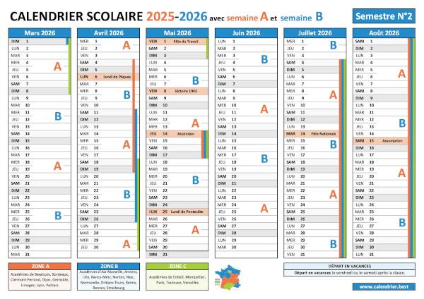 Calendrier scolaire 2025-2026 semestre 2 avec semaines A et B et jours fériés à télécharger en PDF ou JPG et à imprimer Calendrier scolaire 2025-2026 pour le 2ème semestre avec alternance des semaines A et B, vacances et jours fériés pour les zones A, B et C à télécharger et imprimer