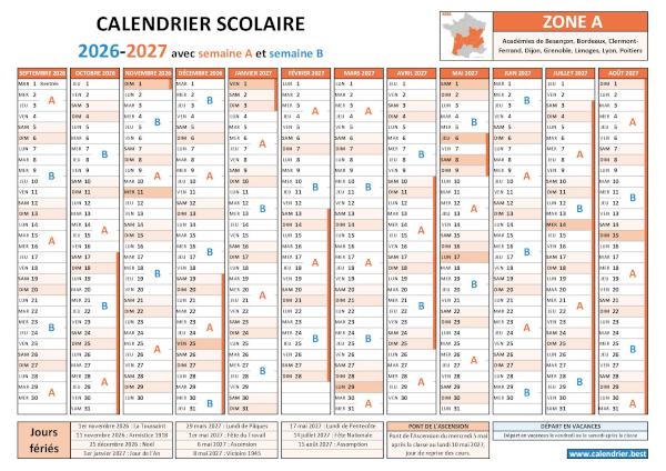 Calendrier scolaire 2026-2027 pour la zone A avec semaines A et B, vacances et jours fériés à télécharger et imprimer