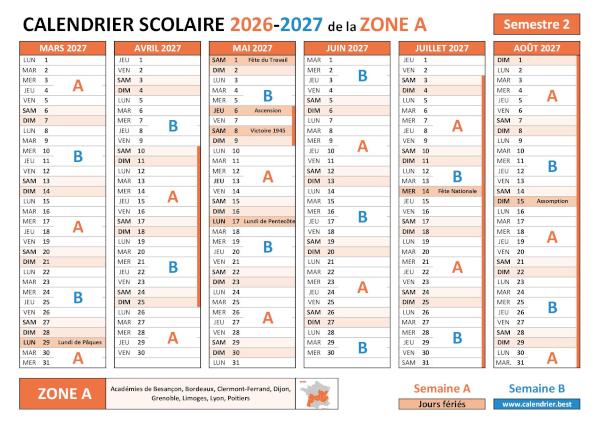 Calendrier rentrée scolaire septembre 2026 Dijon Zone A semestre 1