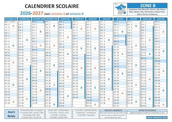 Calendrier scolaire 2026-2027 pour la zone B avec semaines A et B, vacances et jours fériés à télécharger et imprimer