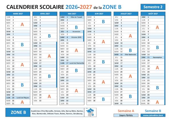 Calendrier rentrée scolaire septembre 2026 Normandie Zone B semestre 1
