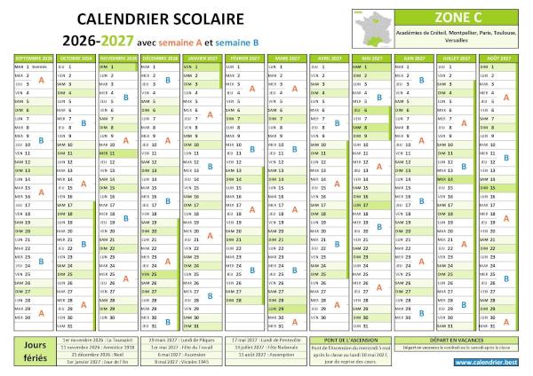 Calendrier scolaire 2026-2027 pour la zone C avec semaines A et B, vacances et jours fériés à télécharger et imprimer