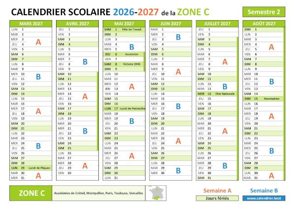 Calendrier rentrée scolaire septembre 2026 Paris zone C semestre 1