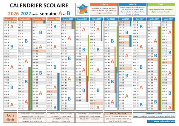 Calendrier scolaire 2026-2027 avec alternance des semaines A et B, vacances et jours fériés pour les zones A, B et C à imprimer