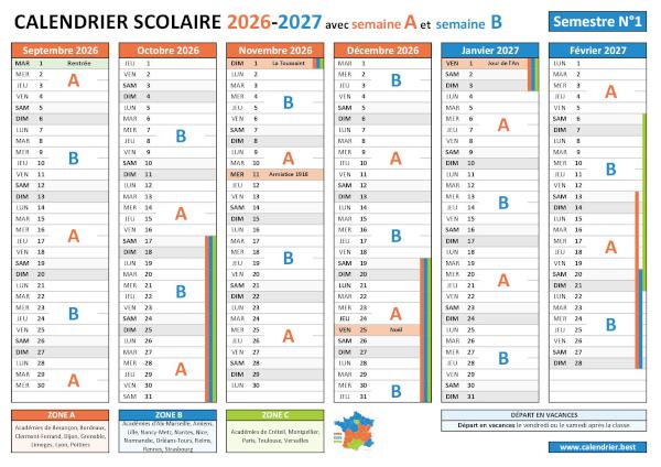 Calendrier scolaire 2026-2027 pour le 1er semestre avec alternance des semaines A et B, vacances et jours fériés pour les zones A, B et C à télécharger et imprimer