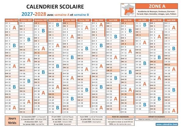 Calendrier scolaire 2027-2028 pour la zone A avec semaines A et B, vacances et jours fériés à télécharger et imprimer