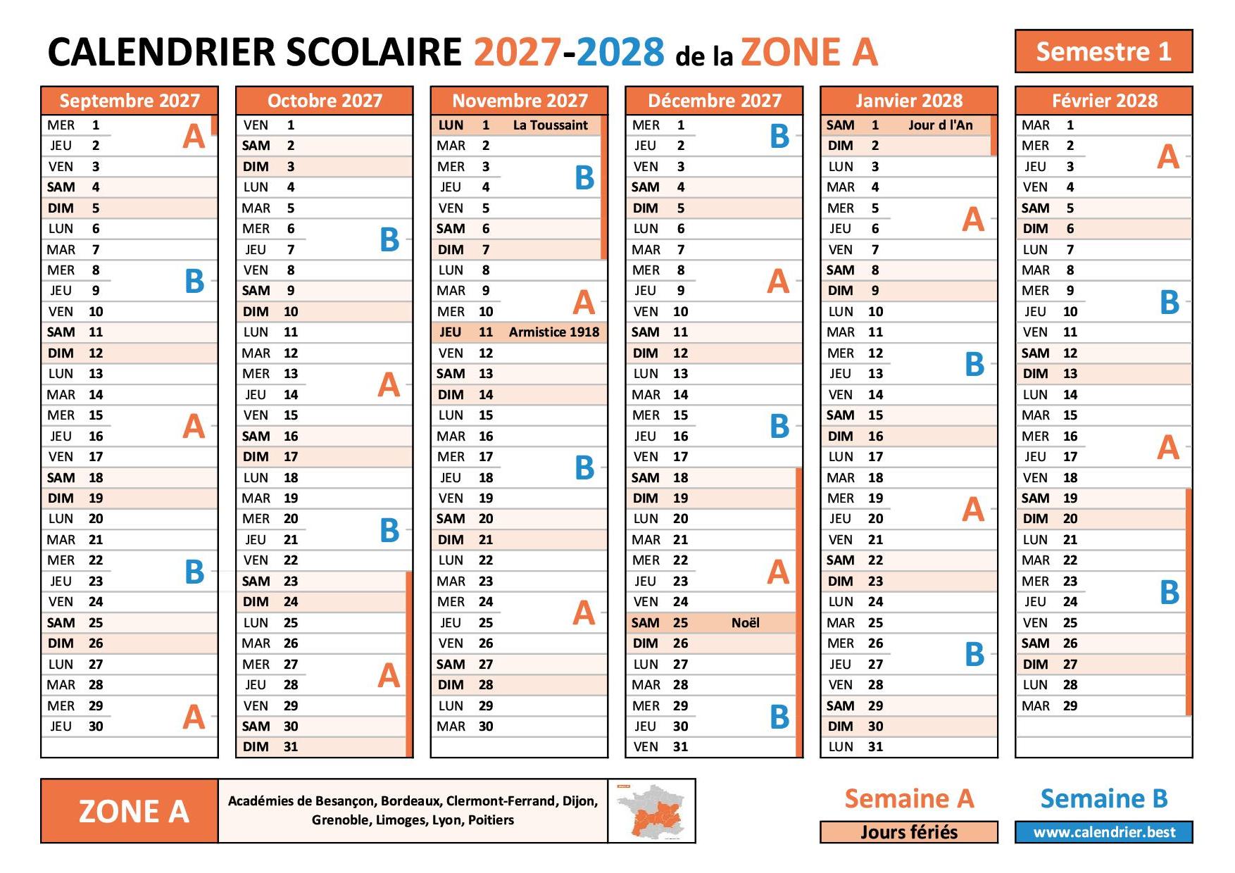 Calendrier scolaire 2027-2028 - semestre 1 - Zone A avec semaines A et B, vacances et jours fériés à imprimer