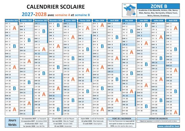 Calendrier scolaire 2027-2028 pour la zone B avec semaines A et B, vacances et jours fériés à télécharger et imprimer
