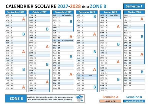 Calendrier rentrée scolaire septembre 2027 Aix-Marseille Zone B semestre 1