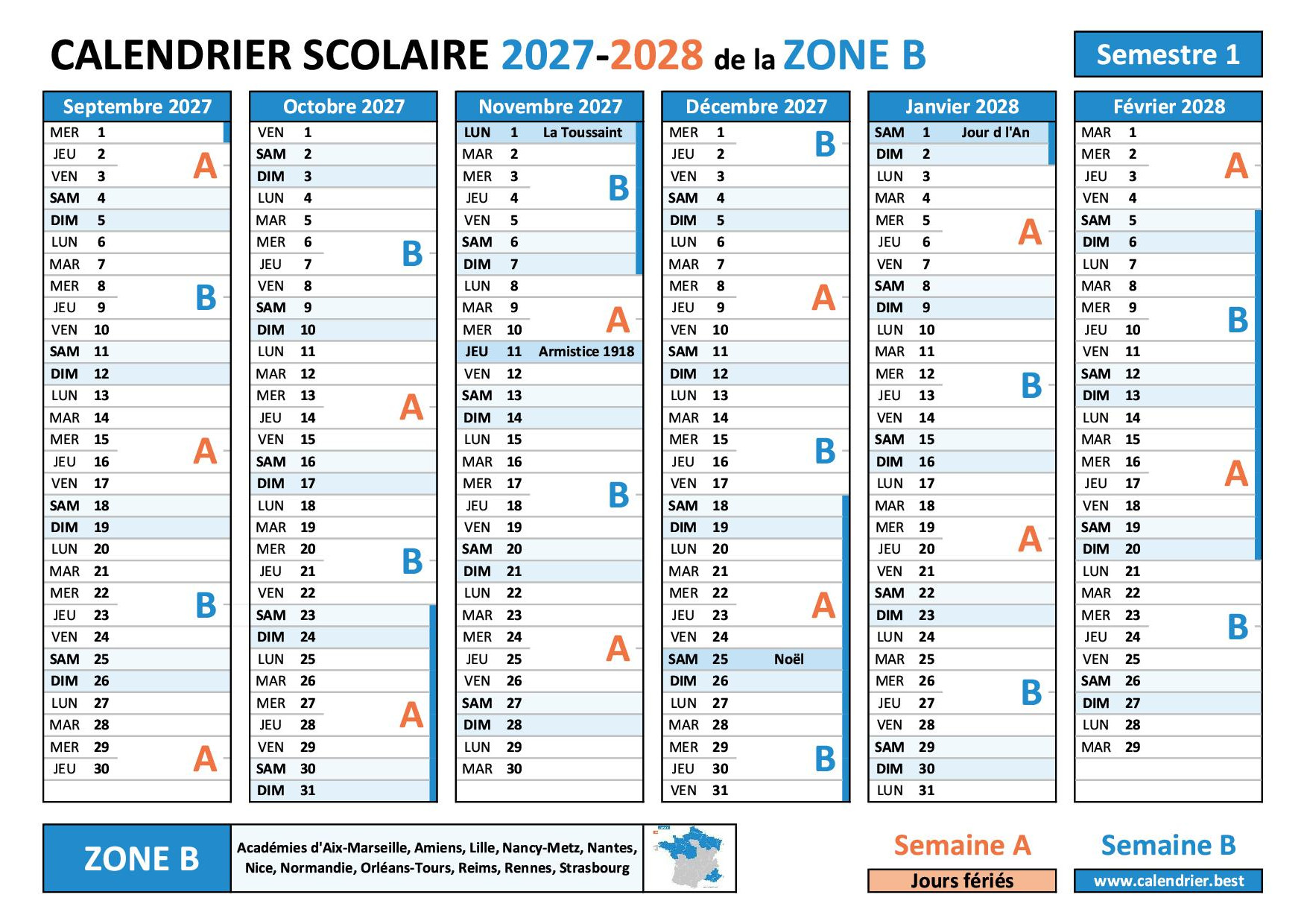 Calendrier scolaire 2027-2028 - semestre 1 - Zone B avec semaines A et B, vacances et jours fériés à imprimer