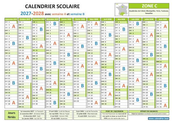 Calendrier scolaire 2027-2028 pour la zone C avec semaines A et B, vacances et jours fériés à télécharger et imprimer