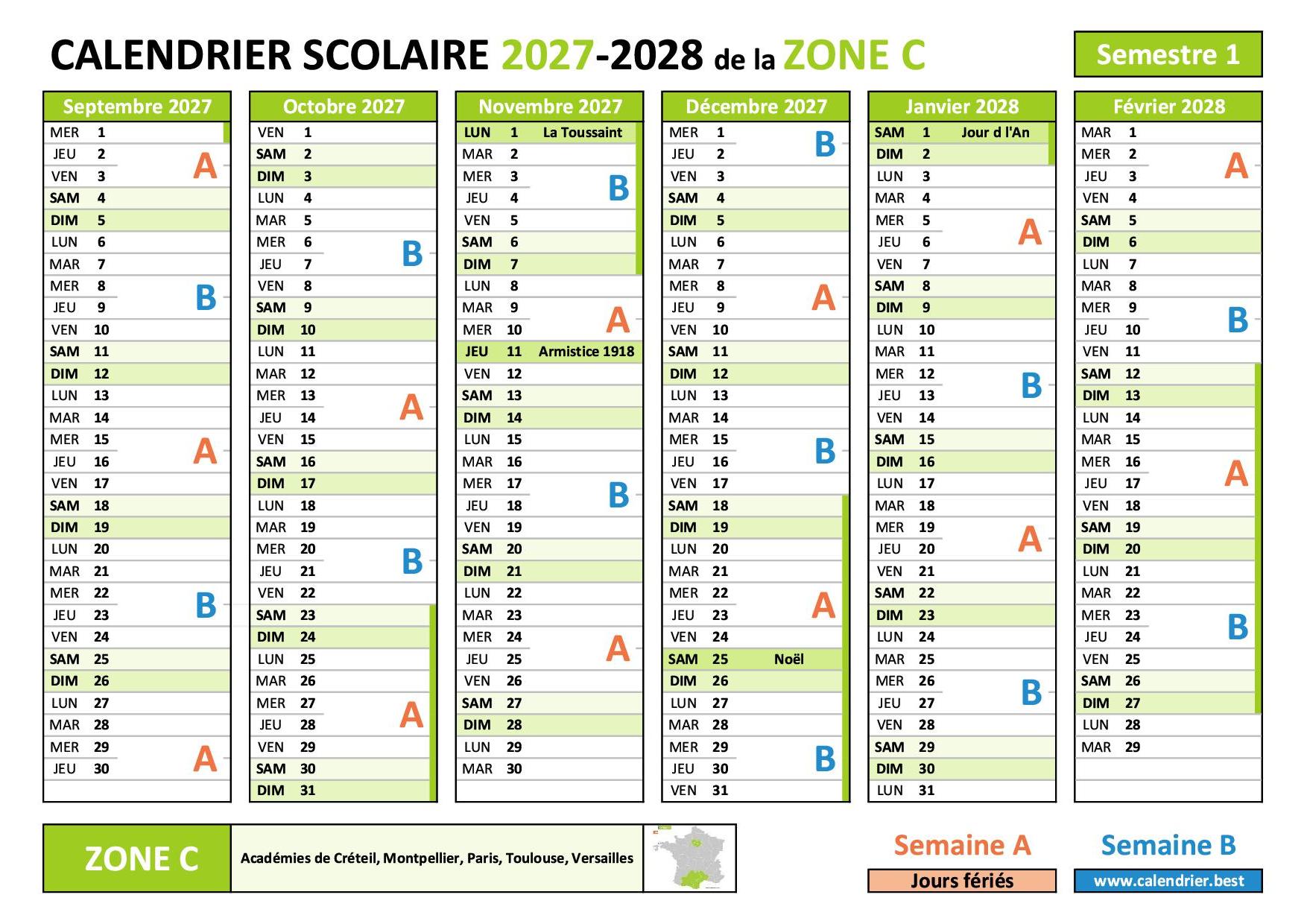 Calendrier scolaire 2027-2028 - semestre 1 - zone C avec semaines A et B, vacances et jours fériés à imprimer