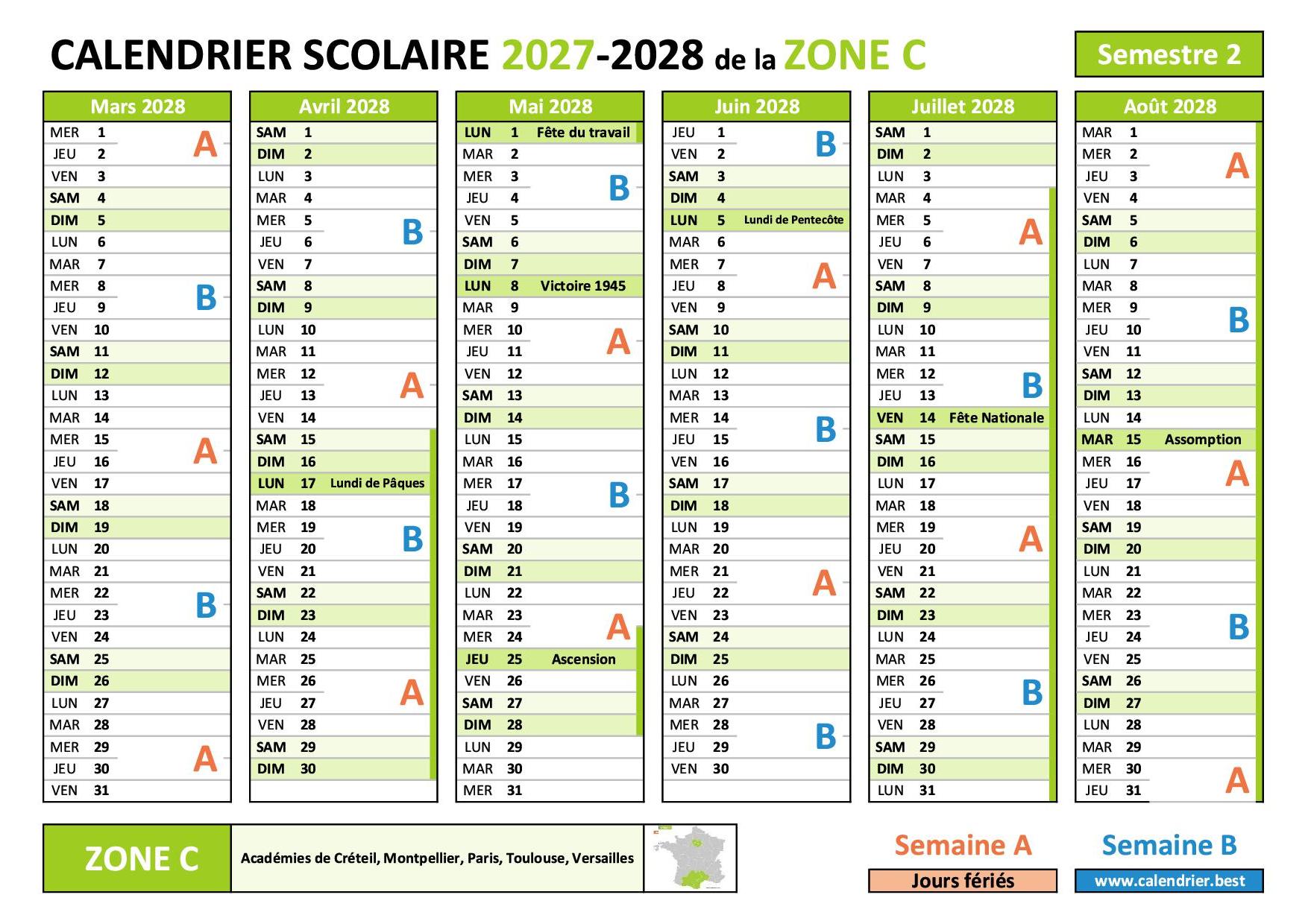 Calendrier scolaire 2027-2028 - semestre 2 - zone C avec semaines A et B, vacances et jours fériés à imprimer