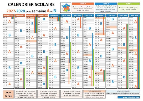 Calendrier scolaire 2027-2028 avec alternance des semaines A et B, vacances et jours fériés pour les zones A, B et C à imprimer
