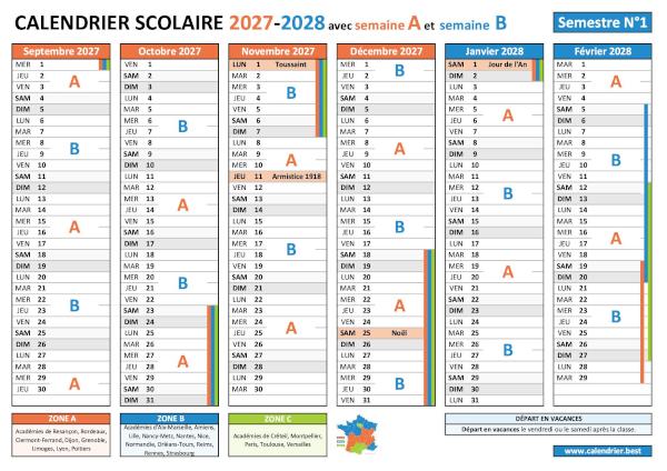 Calendrier scolaire 2027-2028 pour le 1er semestre avec alternance des semaines A et B, vacances et jours fériés pour les zones A, B et C à télécharger et imprimer