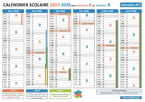 Calendrier scolaire 2027-2028 pour le 2ème semestre avec alternance des semaines A et B, vacances et jours fériés pour les zones A, B et C à télécharger et imprimer