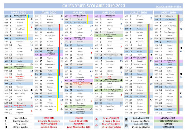 calendrier scolaire 2019-2020 avec semaine a et b à télécharger, modèle complet en version classique, semestre 2