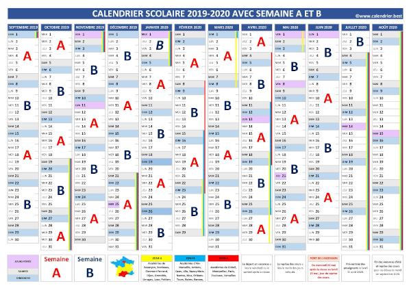 Calendrier scolaire 2019-2020 avec semaine A en rouge et semaine B en bleu