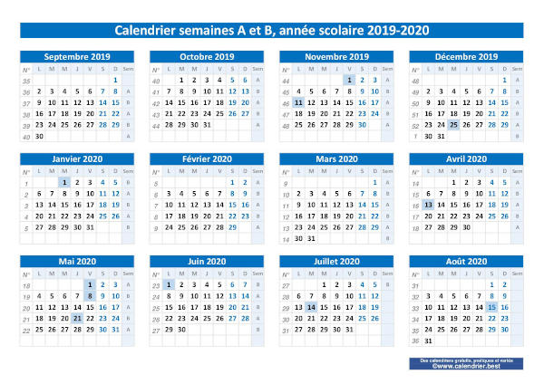 Calendrier semaines A et B, année scolaire 2019-2020