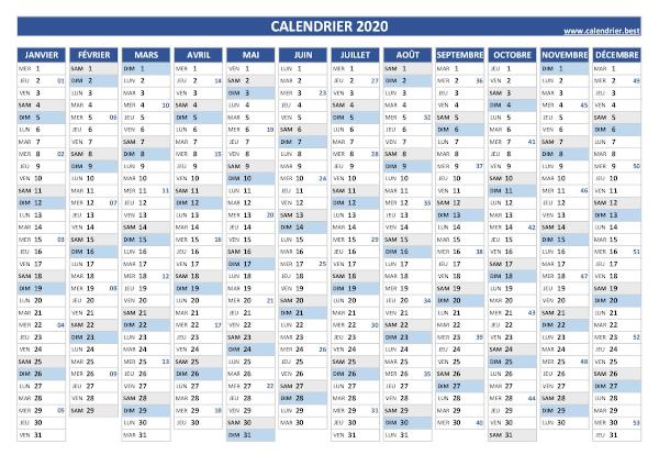 Calendrier 2020 semaine paire et impaire. 