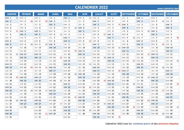 Calendrier 2022 avec les semaines paires et impaires.