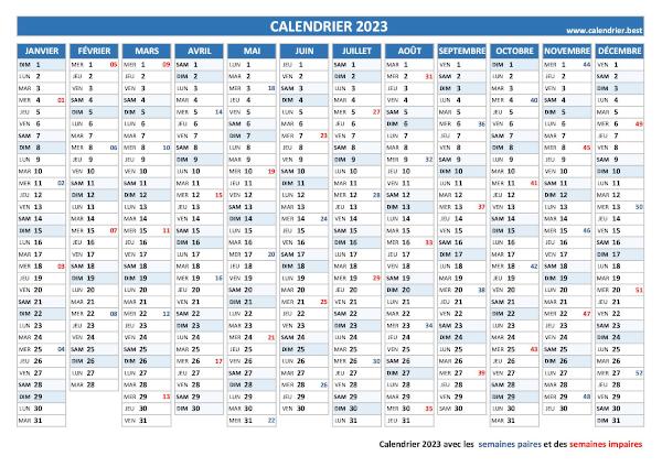 Calendrier 2023 avec les semaines paires et impaires.