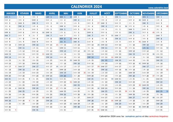 Calendrier 2024 avec les semaines paires et impaires.