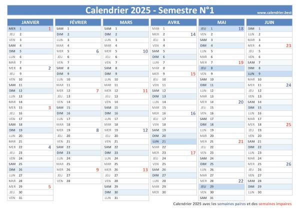 Calendrier des semaines paires et impaires du 1er semestre 2025 (janvier à juin), à télécharger et imprimer pour mieux organiser votre année. Calendrier 2025 des semaines paires et impaires du premier semestre (janvier à juin) à télécharger et imprimer.