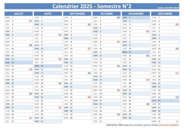 Calendrier des semaines paires et impaires du 2ème semestre 2025 (juillet à décembre), à télécharger et imprimer pour mieux organiser votre année. Calendrier 2025 des semaines paires et impaires du second semestre (juillet à décembre) à télécharger et imprimer.