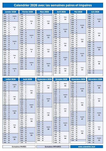 Calendrier 2026 format portrait avec semaines impaires en bleu foncé et semaines paires en bleu clair à télécharger et imprimer