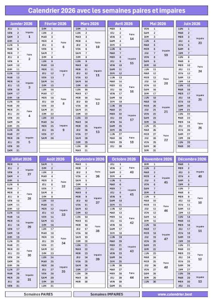 Calendrier 2026 format portrait avec semaines impaires en violet foncé et semaines paires en violet clair à télécharger et imprimer