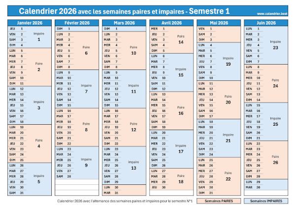 Calendrier semestre 1 2026 avec semaines impaires en bleu et semaines paires en rouge à télécharger et imprimer