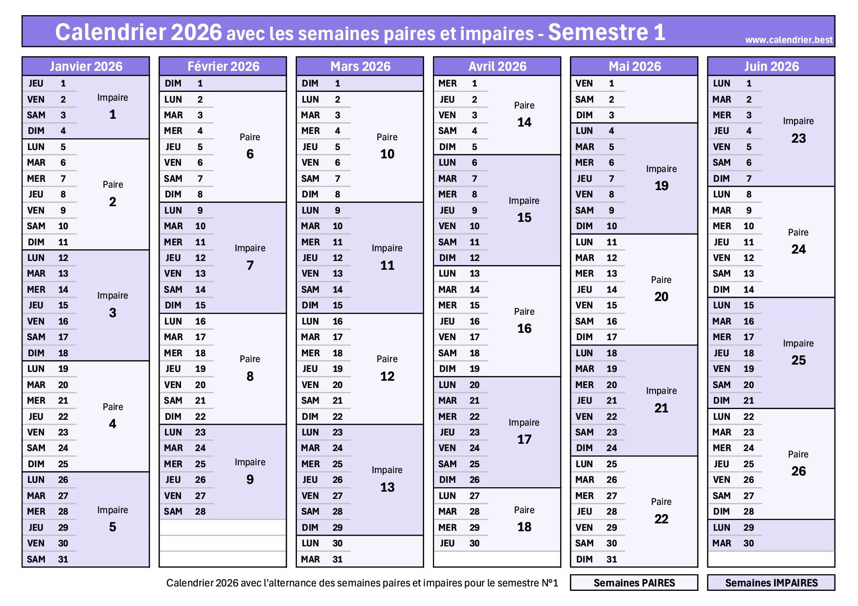 Calendrier 2026 Avec Semaines Paires Et Impaires Planning Imprimer