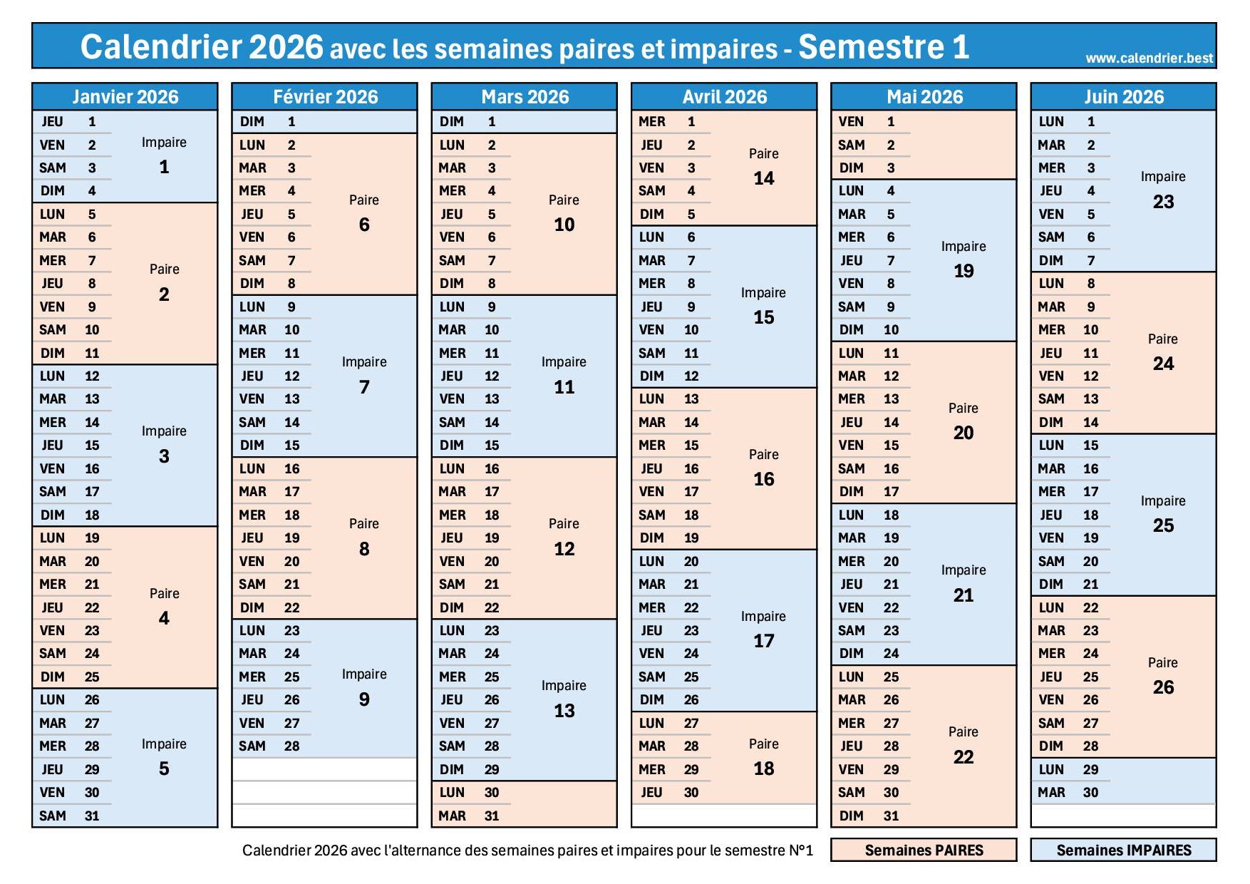 Calendrier 2026 Avec Semaines Paires Et Impaires Planning Imprimer