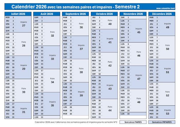 Calendrier 2026 semestre 2 avec numéros de semaines paires et impaires - Planning bleu
