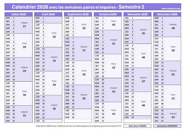 Calendrier semestre 2 2026 avec semaines impaires en violet foncé et semaines paires en violet clair à télécharger et imprimer