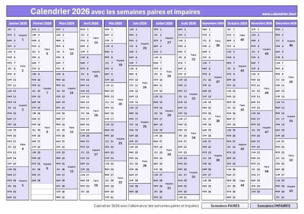 Calendrier 2026 : semaines impaires en violet foncé et semaines paires en violet clair à télécharger et imprimer (PDF + JPG)