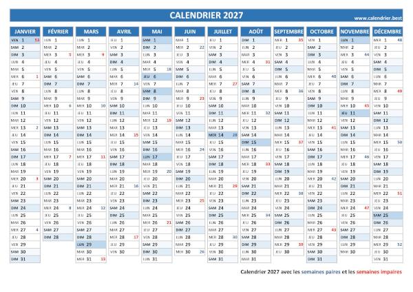 Notre calendrier vous permettra de consulter les dates des 26 semaines paires et des 27 semaines impaires de l'année 2027. Calendrier 2027 avec les semaines paires et impaires.