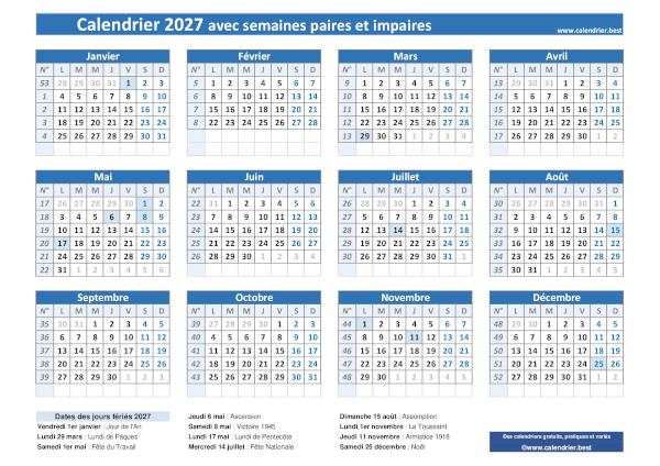 Calendrier 2027 avec semaines paires et impaires à télécharger et imprimer. Calendrier semaine paire impaire 2027.
