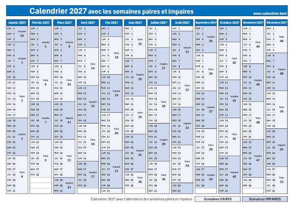 Calendrier 2027 Semaine Paire Et Impaire Imprimer PDF JPG Calendrier 2027 Semaine Paire Et Impaire Imprimer PDF JPG