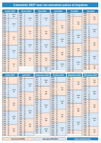 Calendrier 2027 format portrait avec semaines impaires en bleu et semaines paires en rouge à télécharger et imprimer