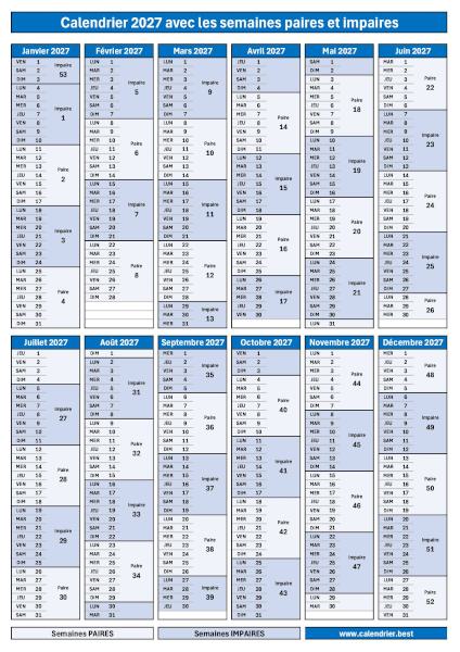 Calendrier 2027 format portrait avec semaines impaires en bleu foncé et semaines paires en bleu clair à télécharger et imprimer