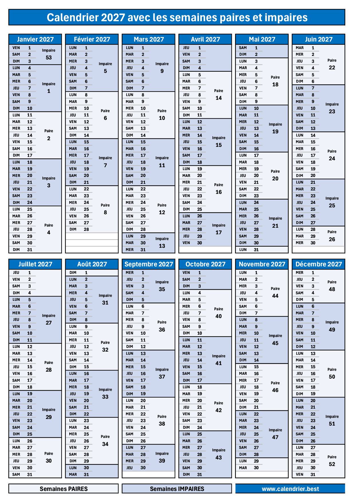 Calendrier 2027 Semaine Paire Et Impaire Imprimer PDF JPG Calendrier 2027 Semaine Paire Et Impaire Imprimer PDF JPG