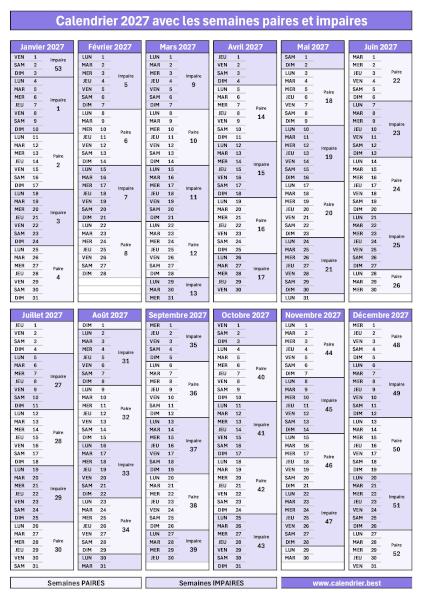 Calendrier 2027 format portrait avec semaines impaires en violet foncé et semaines paires en violet clair à télécharger et imprimer