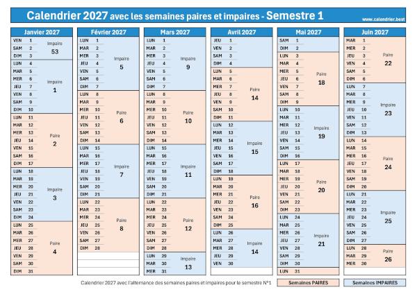 Calendrier semestre 1 2027 avec semaines impaires en bleu et semaines paires en rouge à télécharger et imprimer