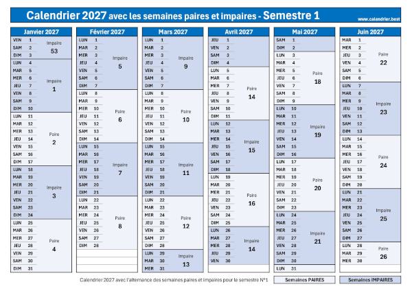 Calendrier semestre 1 2027 avec semaines impaires en bleu foncé et semaines paires en bleu clair à télécharger et imprimer